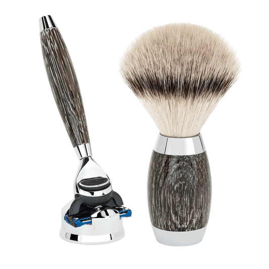 Bog oak and sterling silver shaving set